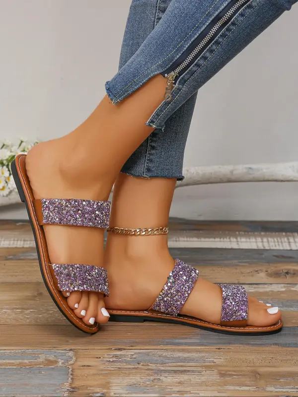 Women's Fashion Glitter Rhinestone Decorated Slide Sandals, 1 Pair Casual Open Toe Sandals for Summer, New Trend All-match Sandals for Daily Wear 3