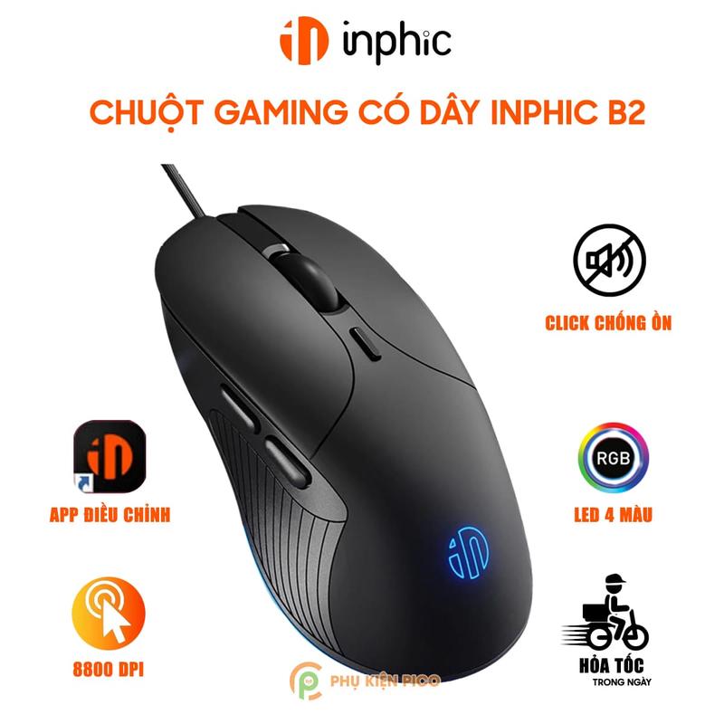 Chuột Inphic B2 Gaming có dây 8800 DPI USB - Chuột máy tính chơi game Inphic công thái học không tiếng ồn Silent Click