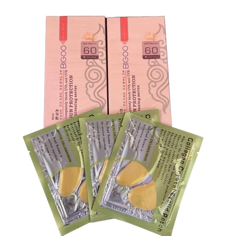 Combo 2 kem chống nắng Bigoo kèm 3 miếng mặt nạ mắt Collagen Crystal Skincare Kem Face Serum Tinh Chất