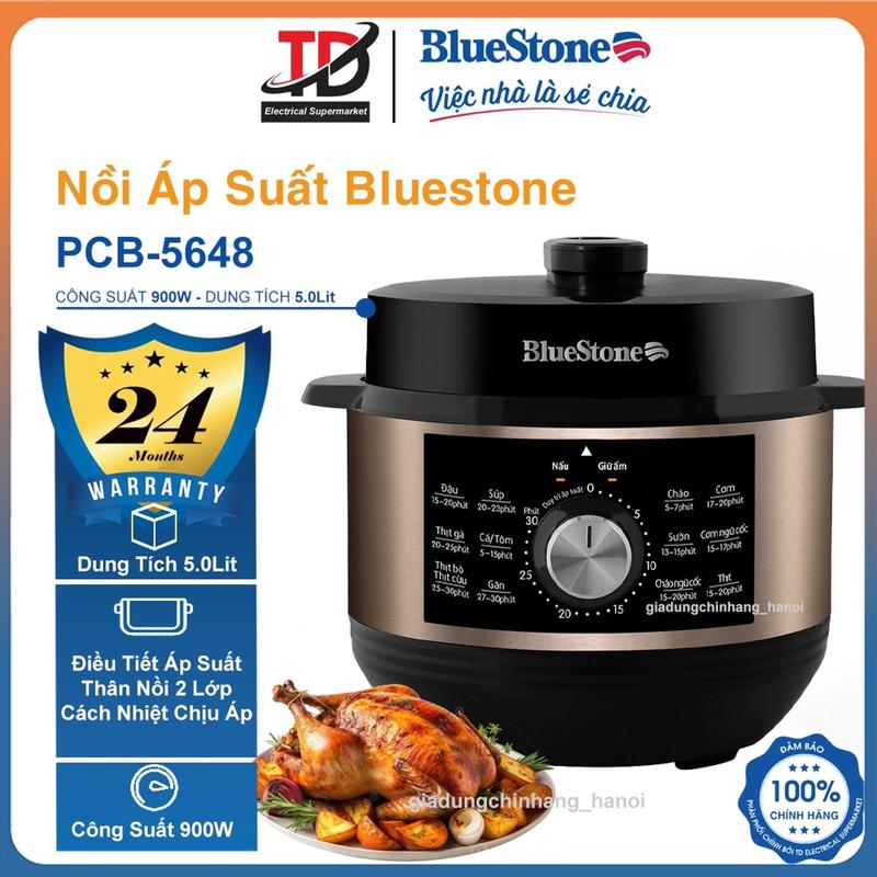 Nồi Áp Suất Điện Bluestone PCB-5648,  5.0Lit - 900W Vỏ 2 Lớp Cách Nhiệt, Lòng Nồi Dày Dặn, Hàng chính hãnġ