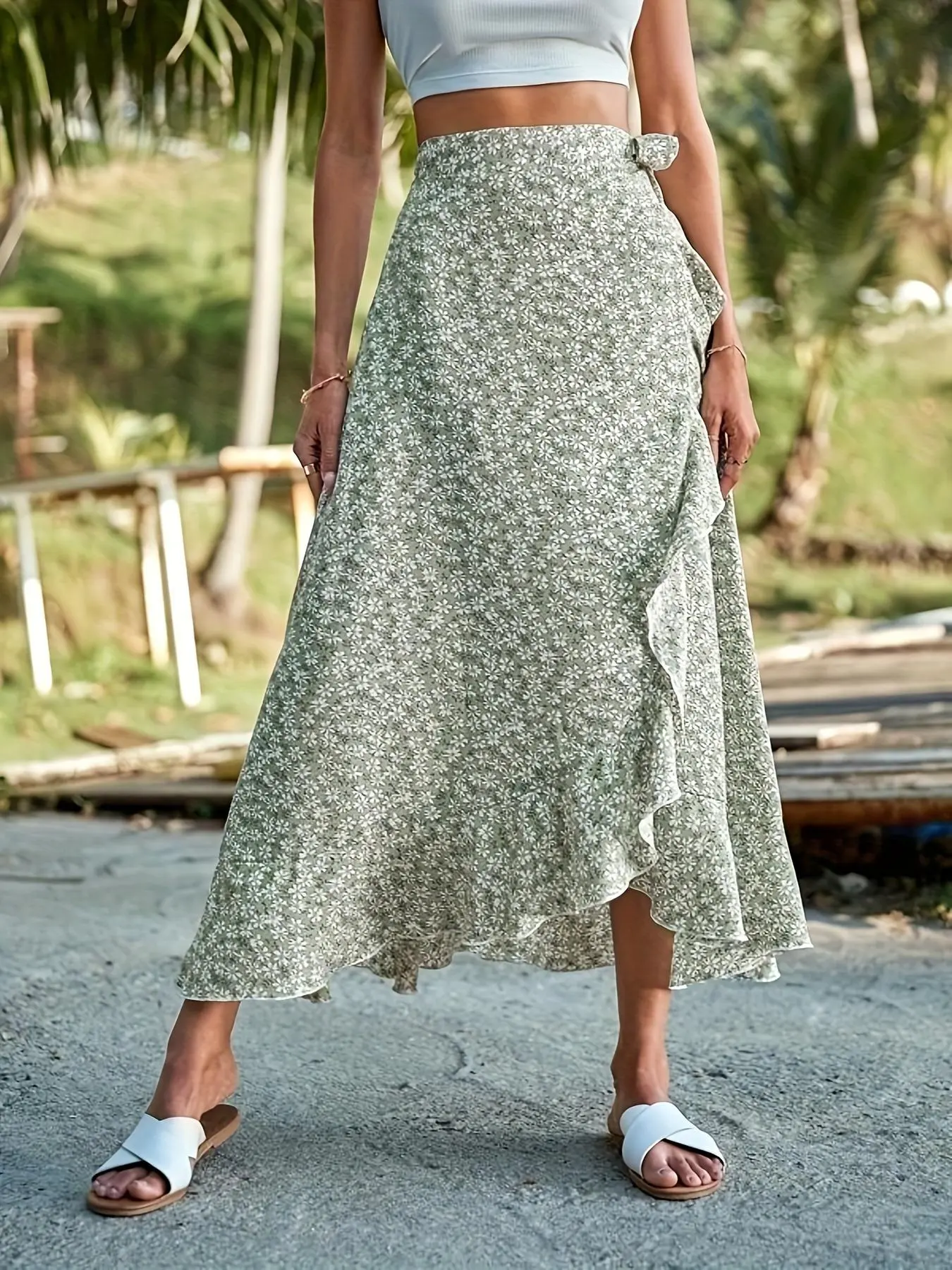 Women's Ditsy Floral Print Knot Side Ruffle Hem Wrap Skirt, Boho Fashion High Waist Asymmetrical Hem Long Skirt for Daily Holiday Vacation Wear, Ladies Bottoms for All Seasons