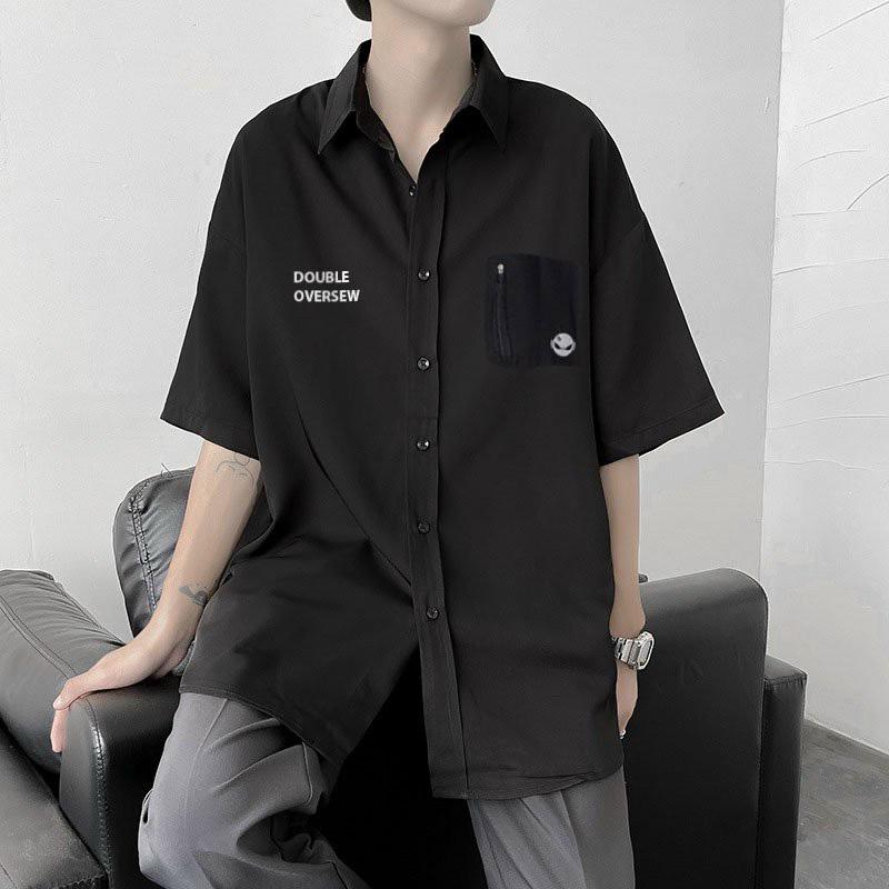 Áo Sơ Mi Nam Nữ tay ngắn túi kéo thời trang form rộng phong cách Unisex Menswear Đen