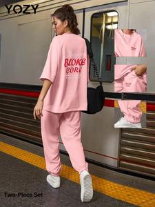 YOZY-GOOO Women's Letter Print Drop Shoulder Tee & Drawstring Waist Pants Two-Piece Set, Casual Fashion Cozy Round Neck Half Sleeve T-Shirt & Pocket Trousers for Daily Outdoor Wear, Women's Clothing for Fall & Winter