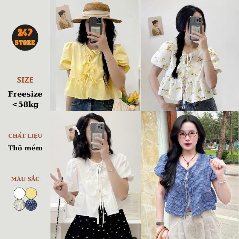 (KÈM ÁO QUÂY) Áo babydoll dáng ngắn croptop tay phồng thắt nơ