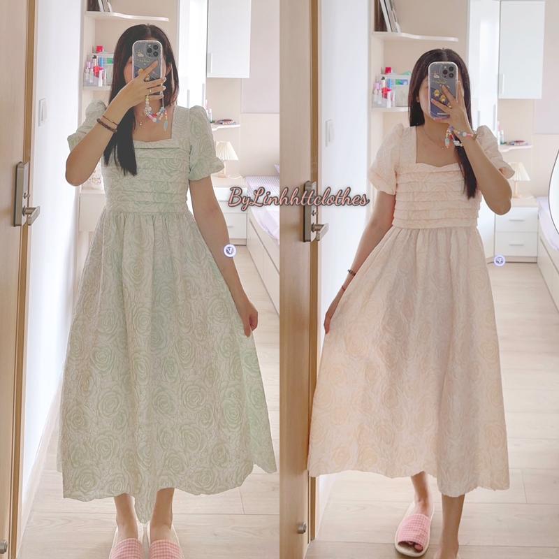 Váy gấm vân hoa cổ vuông tay phồng babydoll dáng dài Nữ Dress