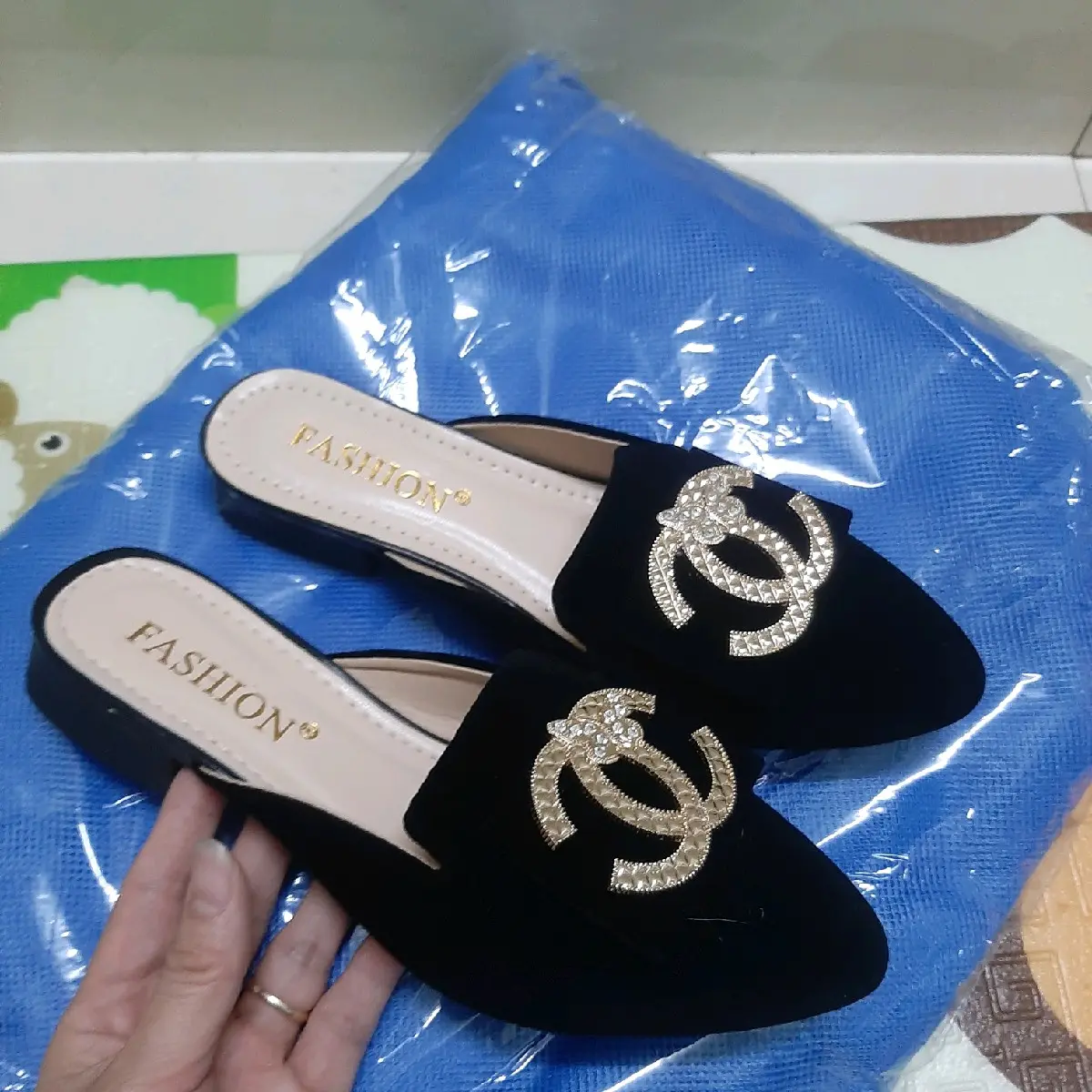 Giày sục nhung nữ nơ hoa đá siêu xinh