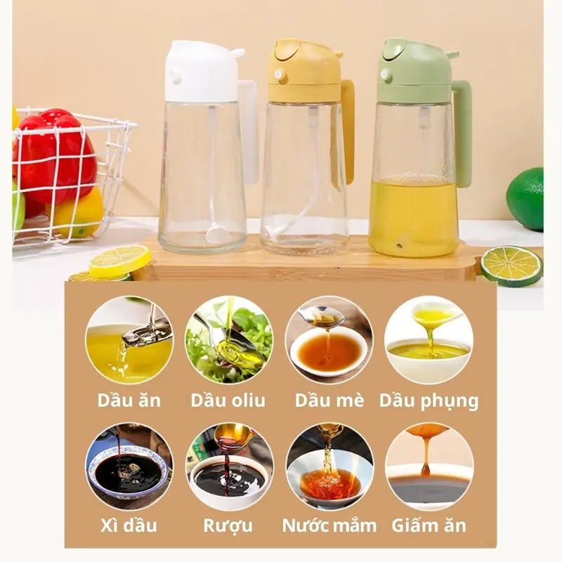 Chai đựng dầu ăn bằng thủy tinh 470ml có hai chức năng xịt phun sương và rót dầu ăn cao cấp thích hợp dùng khi nấu ăn 3