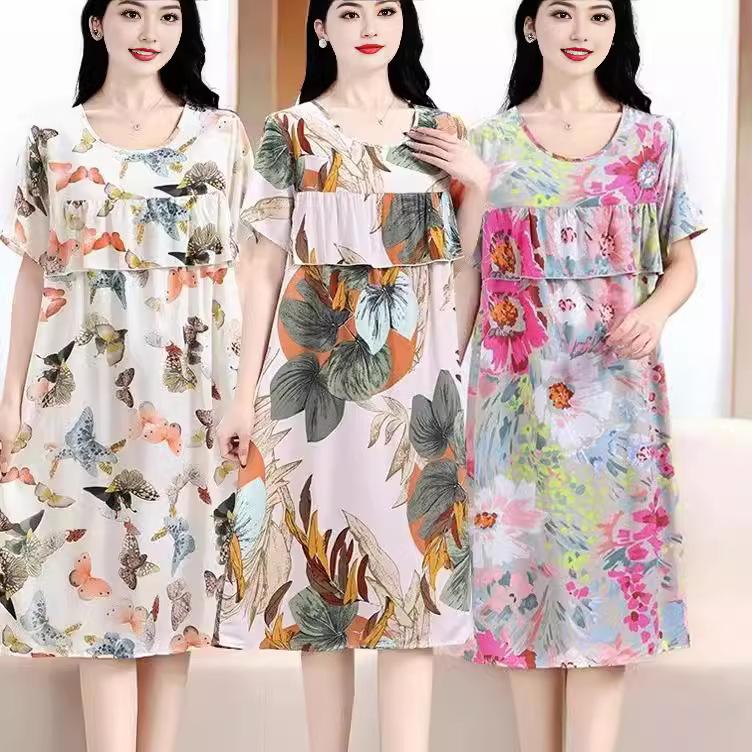 Strictly Selected Printed Artificial Cotton Nightdress Women's Summer High-Grade Ice Silk Skirt Thin Short Sleeve Pajamas plus Size A- line Dress 2