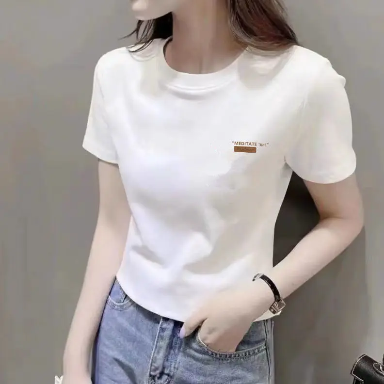Áo Thun Ngắn Tay Vai, Màu Trắng, Dáng Ôm, Thiết Kế Sang Trọng Ngắn, In Hình, Bộ Sưu Tập Mùa Hè Mới 2024, Áo Trên