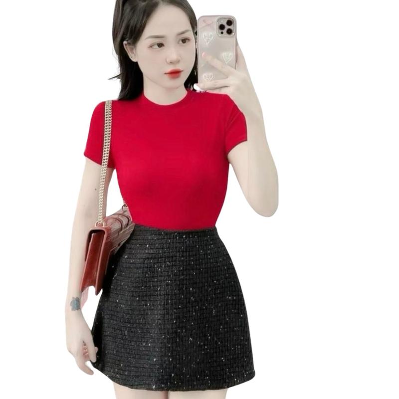 Áo Thun Nữ Nhũ Bigsize Ngắn Tay Cổ Tròn Trơn ESHOP Áo Nhũ Kim Tuyến Nữ Tay Ngắn Ôm Body MS061 Top Women MS061