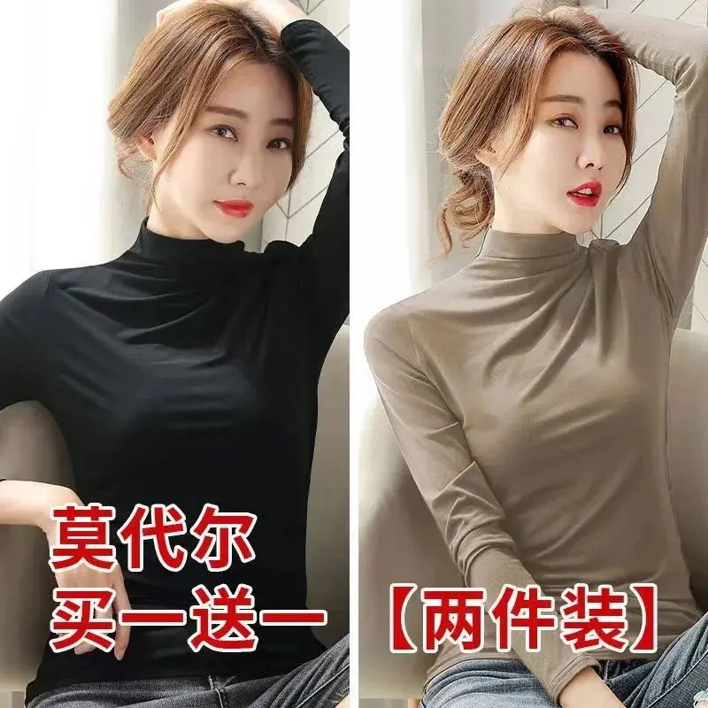 Áo Lớp Nền Dáng Ôm, Có Thể Mặc Trong Mùa Thu Và Mùa Đông, Cổ Lọ Nửa, Vải Modal Nữ, Dài Tay, Hợp Xu hướng, Hàng Mới Về Năm 2025