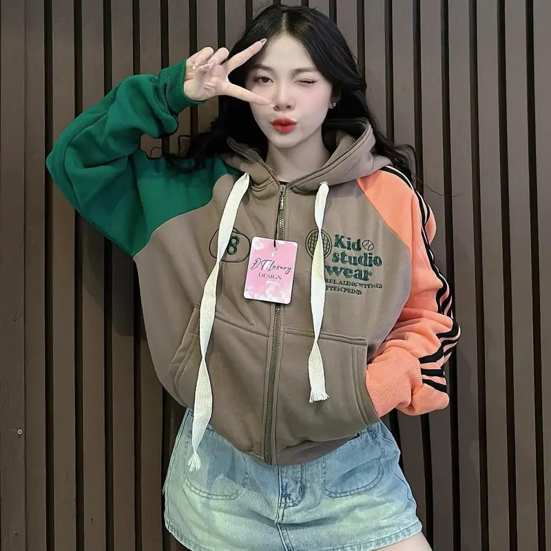áo khoác nữ nỉ dày thêu chữ tay phối màu cam chạy sọc thời trang Women Hoodie Top   đen trơn thêu có thể giặt máy đậu màu xanh áo  hoodie 5