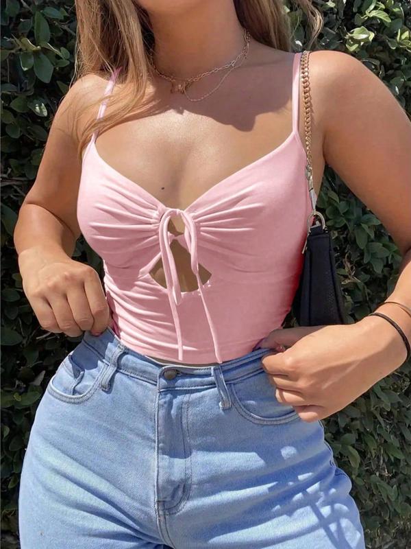 Women's Cut Out Ruched Crop Cami Top, Casual Solid Drawstring Cropped Top for Summer, Fashion Women's Spaghetti Strap Top for Daily Wear, Minimalist Womenswear Valentine's Day, Gift 4
