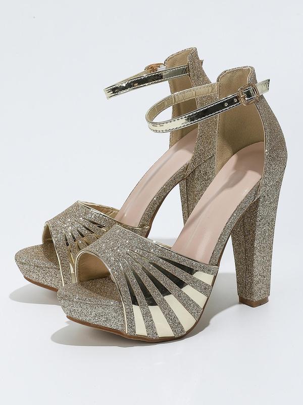 Women's Fashionable Glittering High Heel Sandals, Elegant Buckle Design Sandals for Party, Daily Clothing Decor for Women & Girls 6