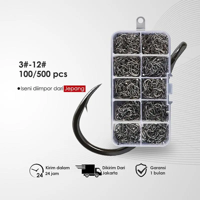 100/500 Buah Kait Ikan Baja Karbon Tinggi Ikan Tajam Dari No.3 S/d No.12 1 Set Box Kail Pancing Full Set Box  Ikan Kail Belut Sawah Peralatan Memancing  Besar Kail Pancing Kecil laut