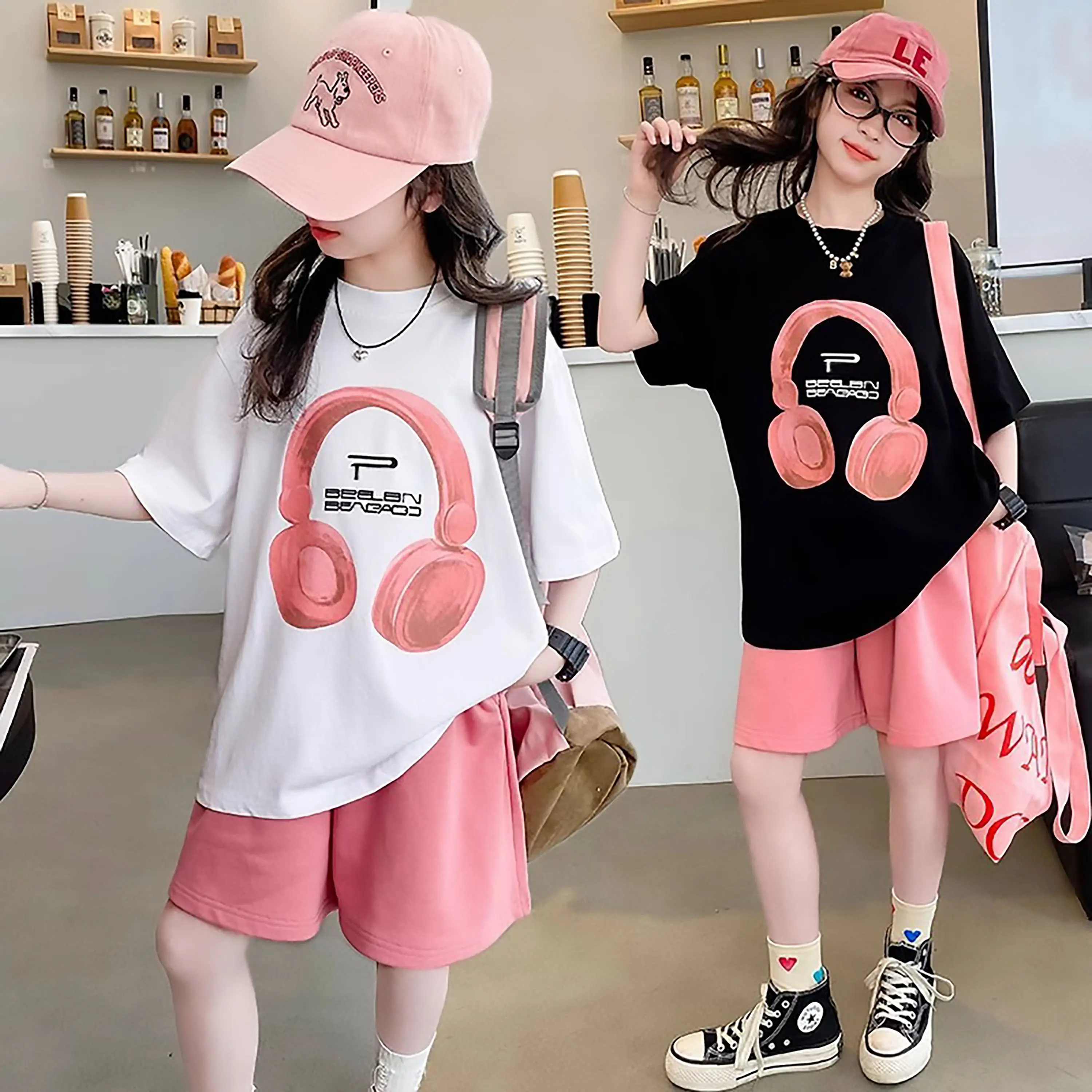 Quần áo hè cho bé gái 4-14 tuổi , bộ cộc tay mẫu TAI NGHE bé gái 14-45 kg , bộ quần áo chất cotton phong cách dễ thương năng động thấm hút mồ hôi .