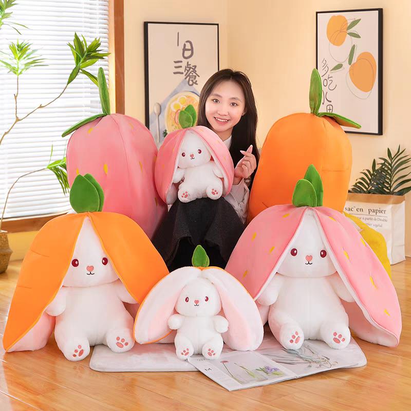  2 in 1 Thỏ Nhồi Bông Tai Dài- Thỏ Quả Bông Trái Cây Cosplay Dâu Và Cà Rốt Quà Tặng Dễ Thương 