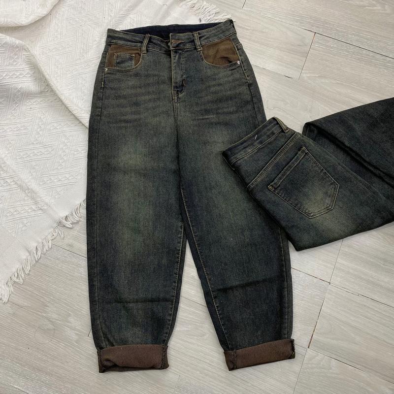 3000 BL460 BIGSIZE quần jean baggy nữ dáng thụng lưng cao Quần bò nữ co dãn dáng thụng trơn lót túi lót nâu tag sau Pants Denim Women Có Túi