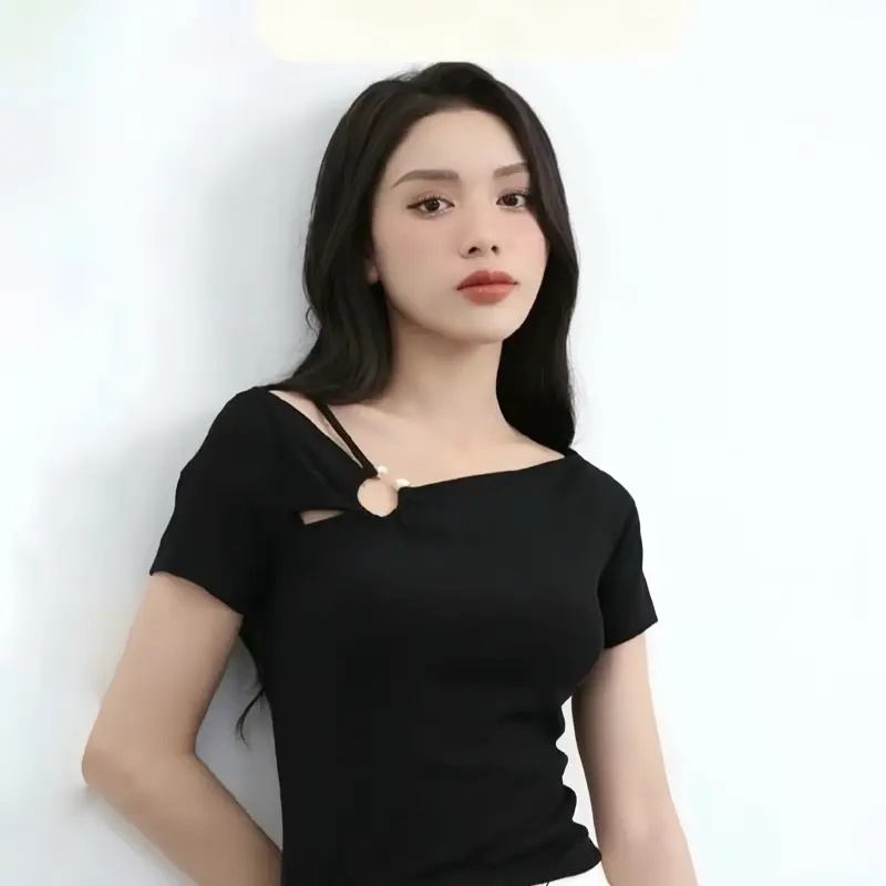 Áo Thun Nữ Dáng Ôm Cổ Xẻ Lệch Phối Khoen, Nhún Eo - MS389 - Chất Thun Tăm Lạnh, Mềm Mịn, Co Dãn Tốt - Bigsize 45-85kg