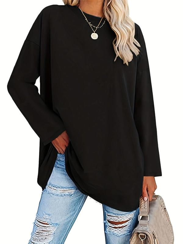 Plus Size Solid Drop Shoulder Tee, Casual Long Sleeve Round Neck T-shirt, Women's Plus Clothing for Daily Wear 1