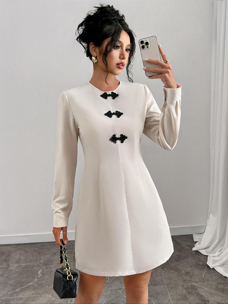 Product Introduction of Women's Round Neck A Line Dress, Casual Long Sleeve Short Dress for Spring & Fall, Women's Clothing for Daily Wear Valentine's Day, gift 1
