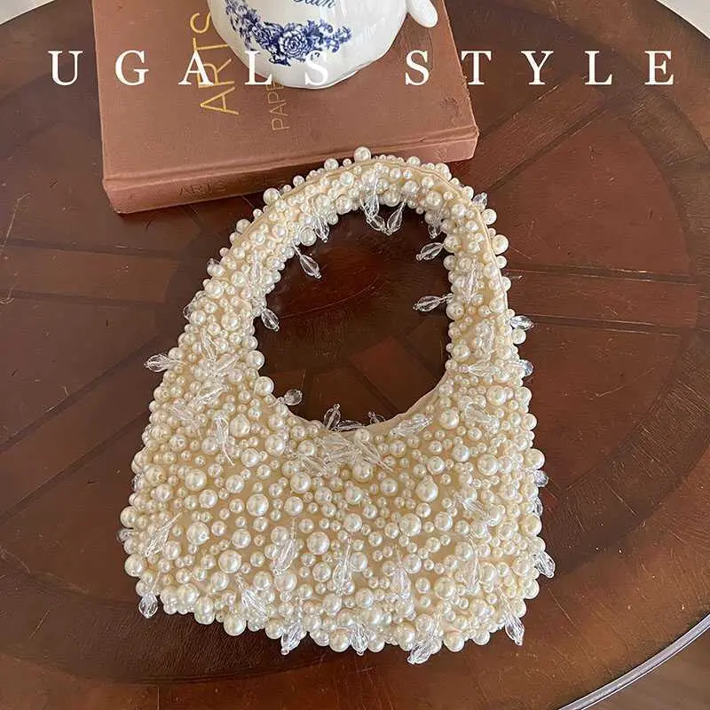 Ugals Trang xã hội Trung Quốc mới Hạt dệt tay Ngọc trai Dung tích lớn Tote Tiệc lưỡi liềm Túi xách dưới cánh tay 1