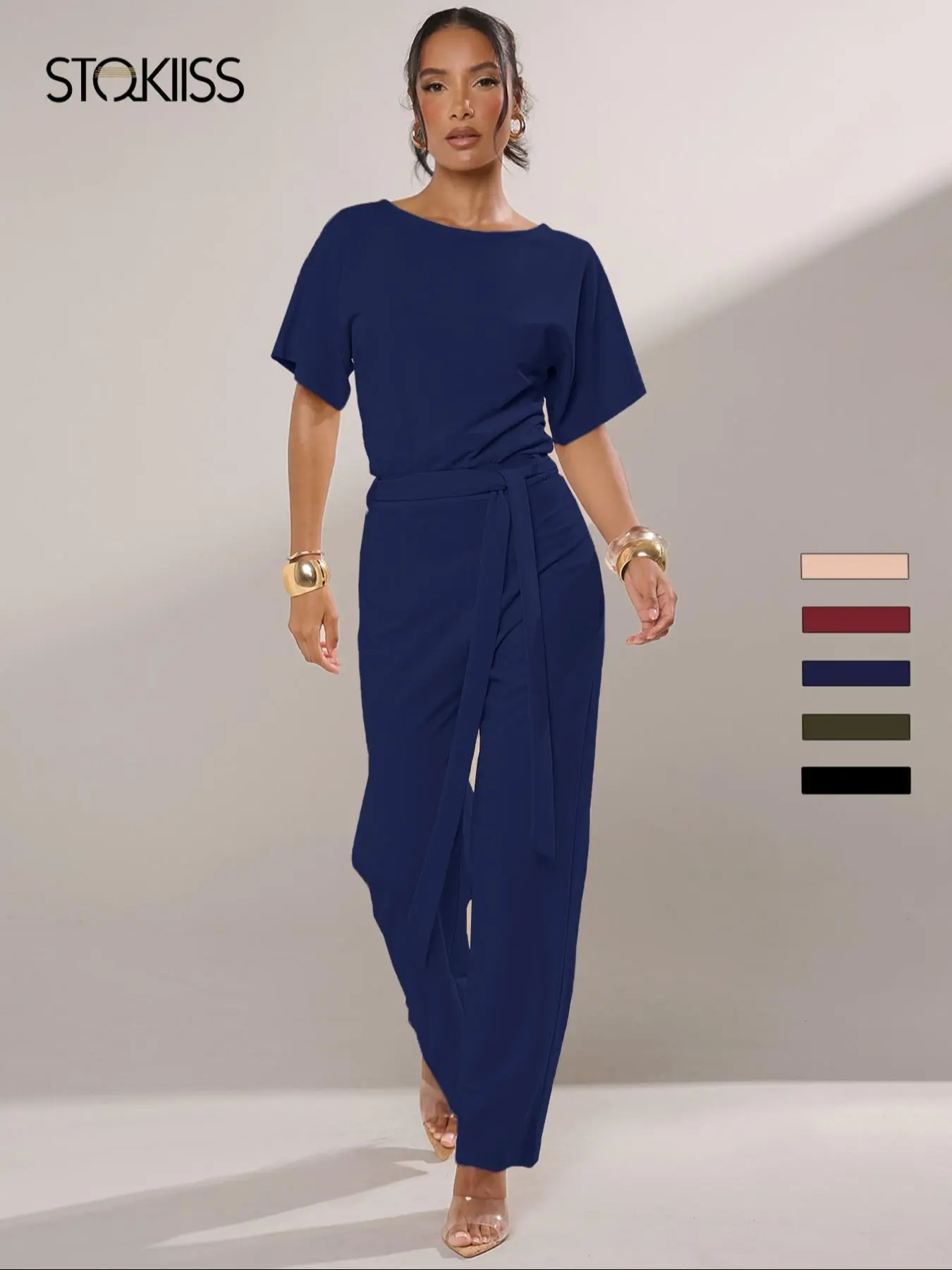 Women's Solid Color Keyhole Neck Belted Jumpsuit, Casual Comfy Short Sleeve Jumpsuit for Summer, Ladies Clothes for Daily Wear