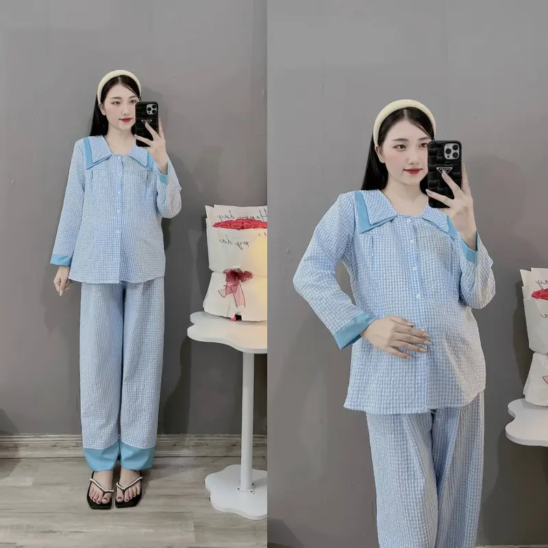 [XẢ KHO] Bộ Bầu - Bộ Sau Sinh, Chất Liệu Đũi Thái Kẻ Ô Nhỏ Cho Mẹ Bầu, Dáng Dài Cổ Nhọn 2 Lớp Có 5 Màu Mềm Mịn, Áo Có Khoá Kéo, Quần Có Chun Chỉnh Váy Bầu Đầm Bầu Dài Tay 3
