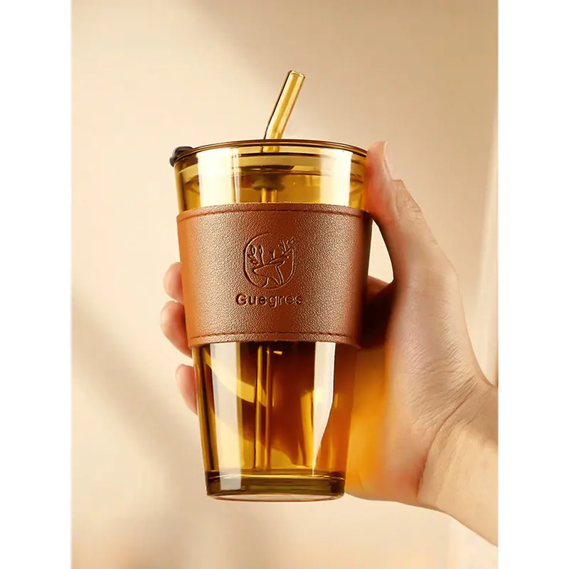 #KUP 1pc, 350ML Or 450ML Retro Transparent Water Cup, Glass Coffee Mugs With Straw And Lid, Iced Tea Cup, Juice Cup, Milk Cup, Coffee Cup, Thicken Wall Insulated Glass Cup With Protect Sleeve (Amber, Smoke Grey) 0