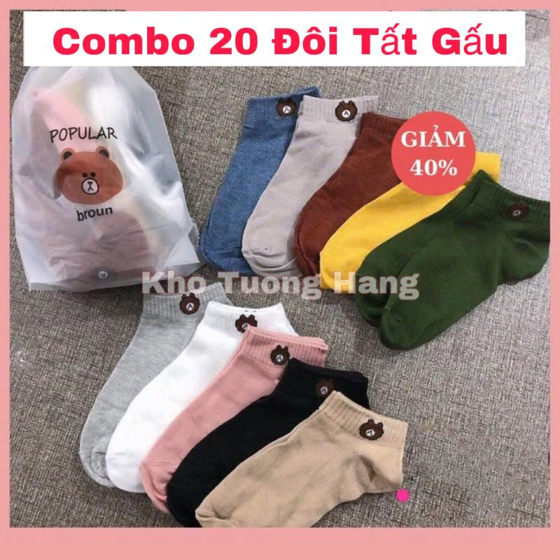 Combo 20 Đôi Tất Vớ Cổ Ngắn Gấu Broun Tặng Kèm Túi Rút ,Tất Vớ Nữ Cổ Ngắn Hình Gấu Cute , Chất Mềm,không quá dày khi mang