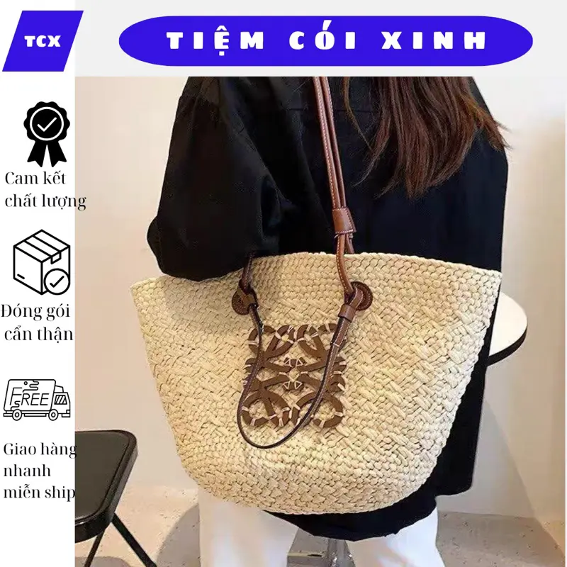 Túi cói đi biển dây da đeo vai hình thang loeeve mẫu mới thời trang(tặng kèm túi rút tháo rời)