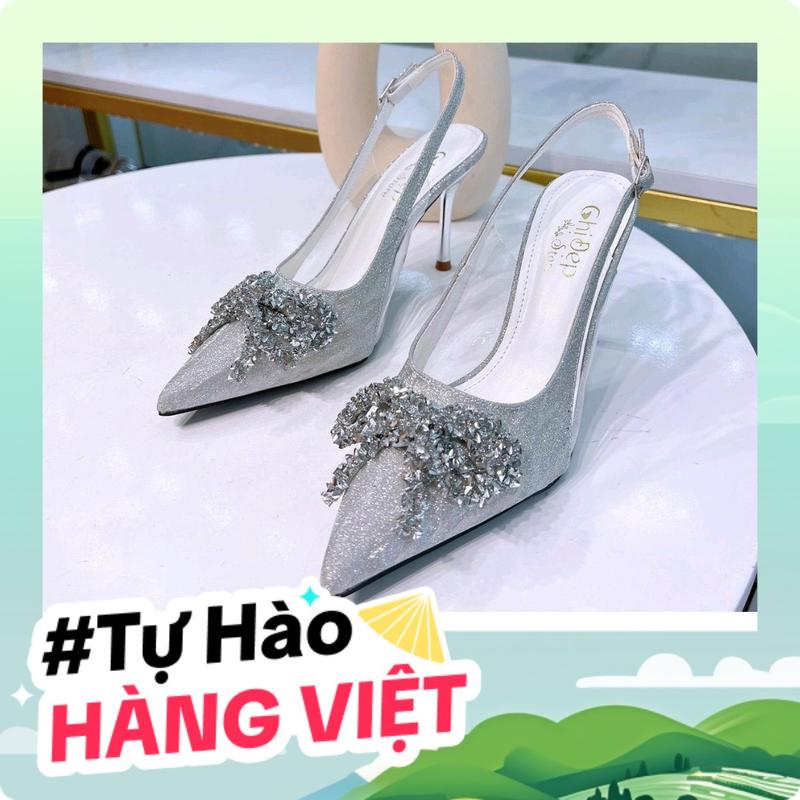 Giày Cao Gót Bít Mũi Phối Mika Đính Nơ Xước 9cm Sandal Nữ Cao Gót 9 Phân Chị Đẹp Store Mã U50 Shoes