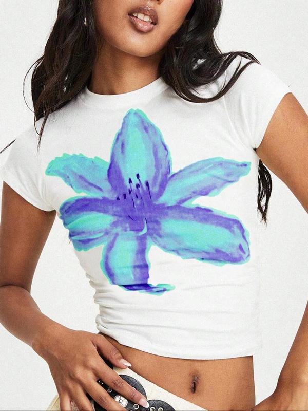 Women's Floral Print Round Neck Crop Tee, Casual Short Sleeve Crew Neck T-Shirt for Summer, Fashion Women's Top for Daily Wear 0