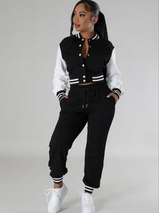 Two-Piece Set Women's Colorblock Patchwork & Stripe Print Set, Casual Button Front Varsity Jacket & Drawstring Waist Pocket Pants, Ladies Clothes for Daily Wear