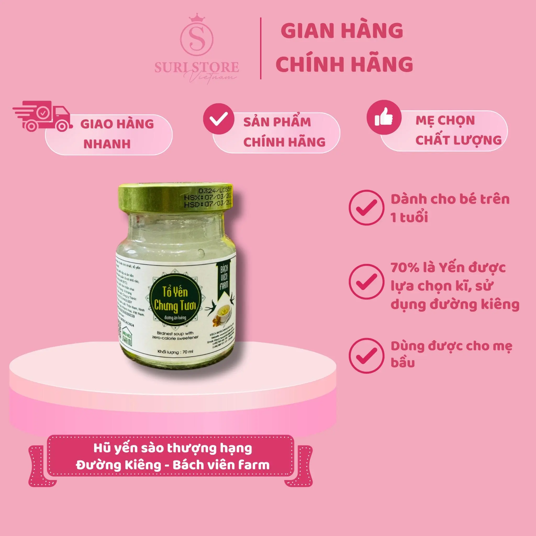 SURI STORE - Hũ yến sào thượng hạng Bách Viên Farm xuất khẩu TQ - 70ml - 70% yến tươi chưng, vị đường ăn kiêng - dành cho bé, mẹ bầu, mẹ cho con bú, người trưởng thành