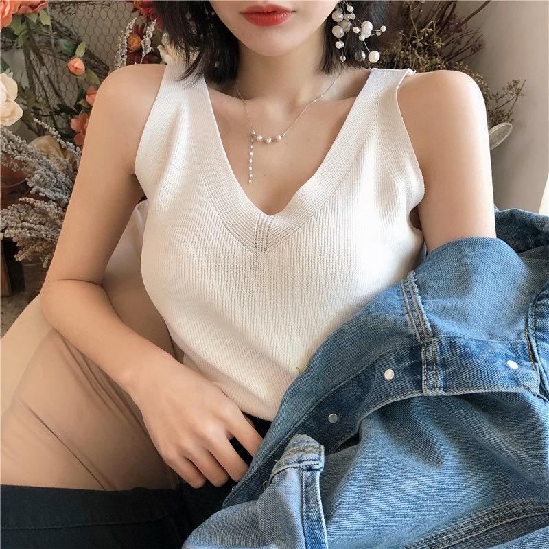 Fashion Ice Silk Camisole Women's Outer Wear Summer Sleeveless Knitwear Korean Style Loose V-neck Short Bottoming Shirt Top Fashion Womenswear Lingerie 6