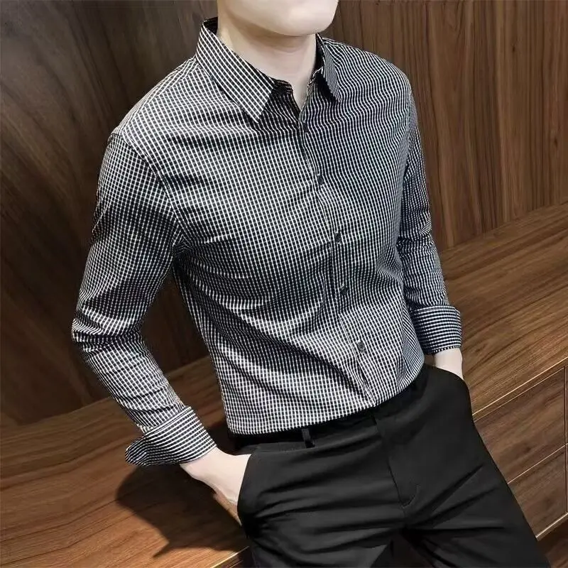 Áo Sơ Mi Nam, Kẻ Sọc, Dáng Ôm, Phong Cách Hàn Quốc, Thanh Lịch, Không Nhăn, Co Giãn, Thích Hợp Cho Mùa Xuân Và Mùa Thu, Thiết Kế Mới