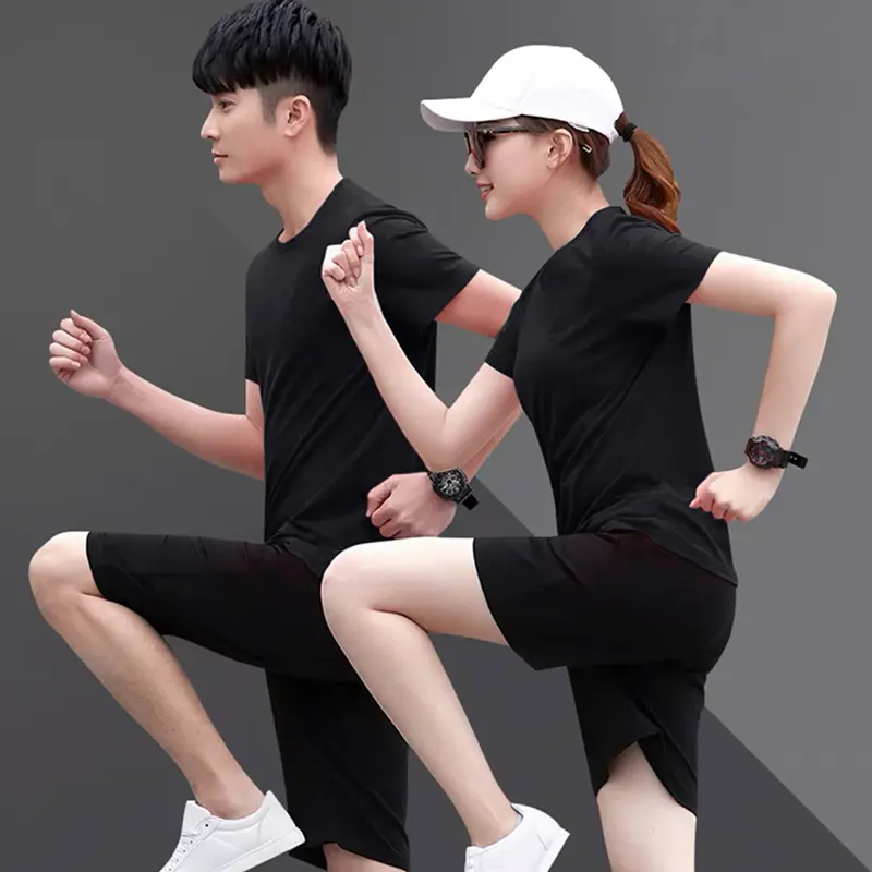 Men's sportswear summer short-sleeved T-shirt shorts fitness running casual morning running clothes female couple suit Formal Beige Plain Human Overalls Formal Wear