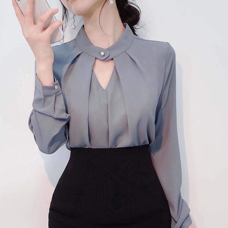Áo Sơ Mi Dài Tay Màu Trơn Cho Nữ, Áo Sơ Mi Đế Gợi Cảm Mới, Áo Sơ Mi Nhỏ, Áo Trượt Trên Đầu, Khăn Quàng Cổ Thanh Lịch 0
