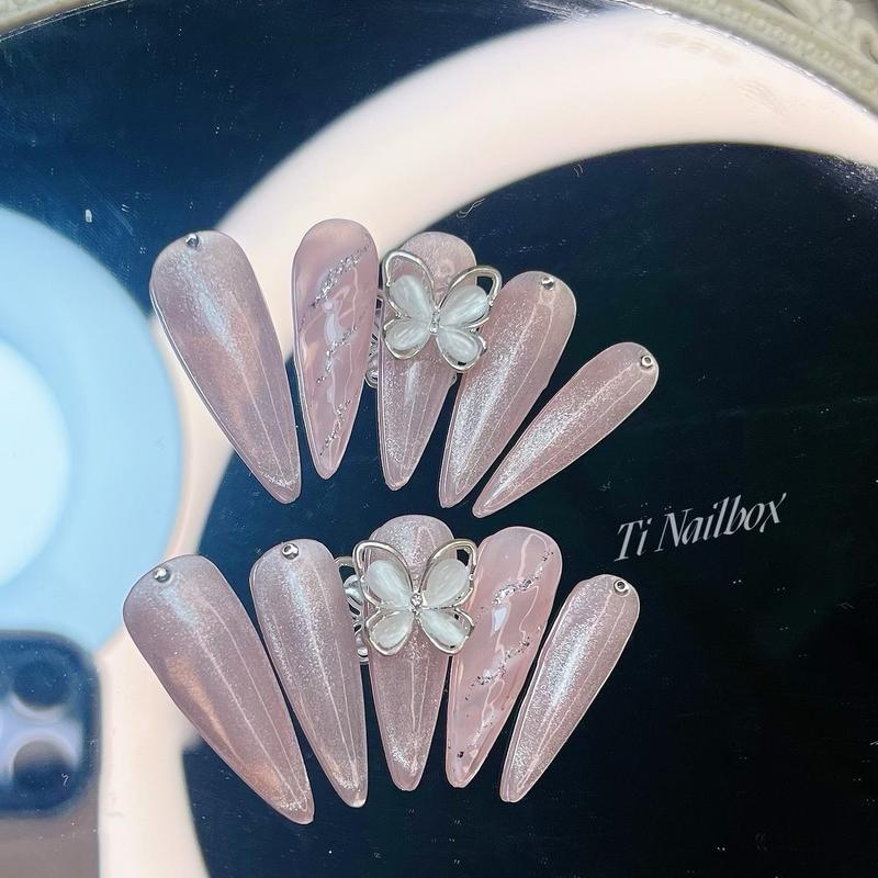 Nailbox Thiết kế M104 màu thạch hồng mắt mèo mix charm , ( Lưu ý đo zise bằng thước kẻ ) nail  box thạch  hồng