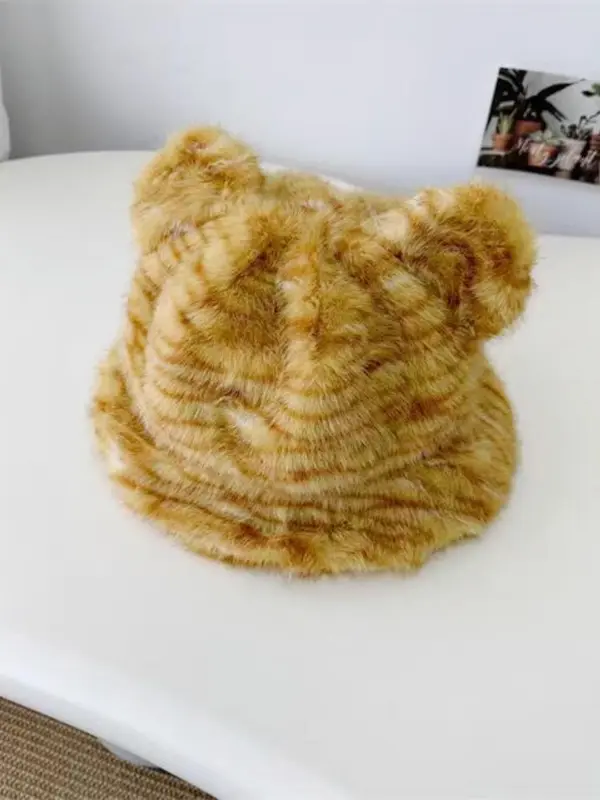Cute Bear Ear Design Hat & Scarf & Bucket Bag Set, Casual Plush Tiger Pattern Hat & Scarf & Bag Set for Women & Men, Fashion Accessories for Daily Wear 5