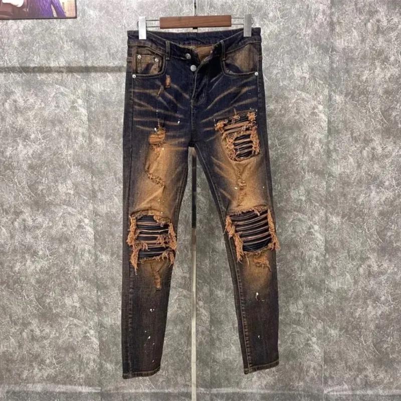  Quần jean vá da cứng màu wash Menswear Nam 