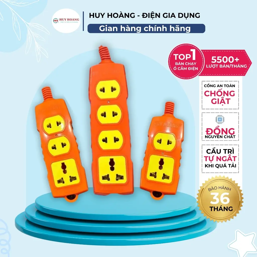 Ổ Cắm Điện Chịu Tải Cao HUY HOÀNG P6500W 2, 3 & 4 Lỗ Dây Dài 3M-5M An Toàn Chống Nước Chống Giật Thông Minh [BH 2 Năm]