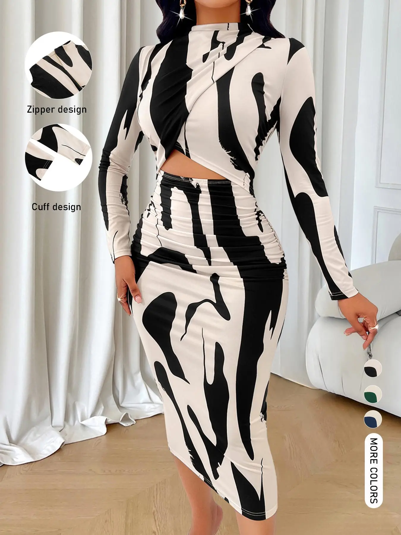 Aliling Women's Colorblock Print Cut Out Bodycon Dress, Elegant Fashion Casual Long Sleeve Dress for Daily Outdoor Wear, Women Dress for Spring Fall