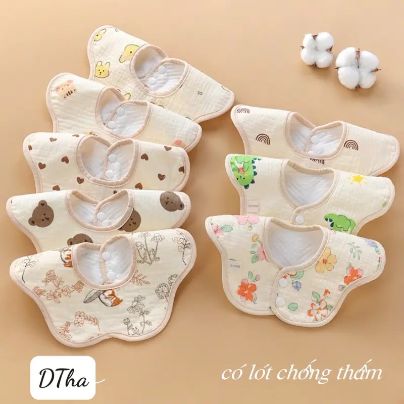 Yếm Chống Thấm Hoa và Chữ U Ăn Dặm 6 Lớp Vải Xô Muslin Siêu Thấm Hút Cho Bé 0