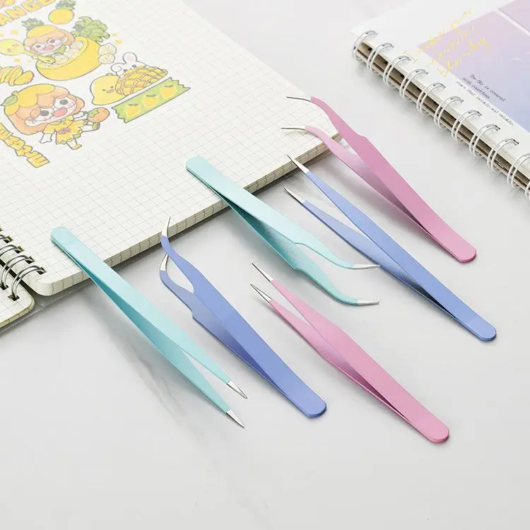 Stainless Steel Colored Straight + Curved Tweezers for Nail Art Sticker Rhinestones Picking Tool Eyelash Makeup DIY Tweezer Tool