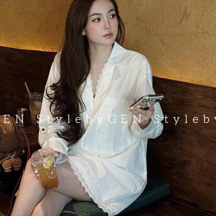 Váy sơmi dáng suông cổ V phối ren S<55kg M<65kg V7