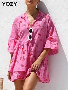 YOZY Women's Cartoon Print Shirt Dress, Casual Asymmetrical Design Dress for Summer, Ladies Clothes for Beach Holiday Vacation, Womenswear