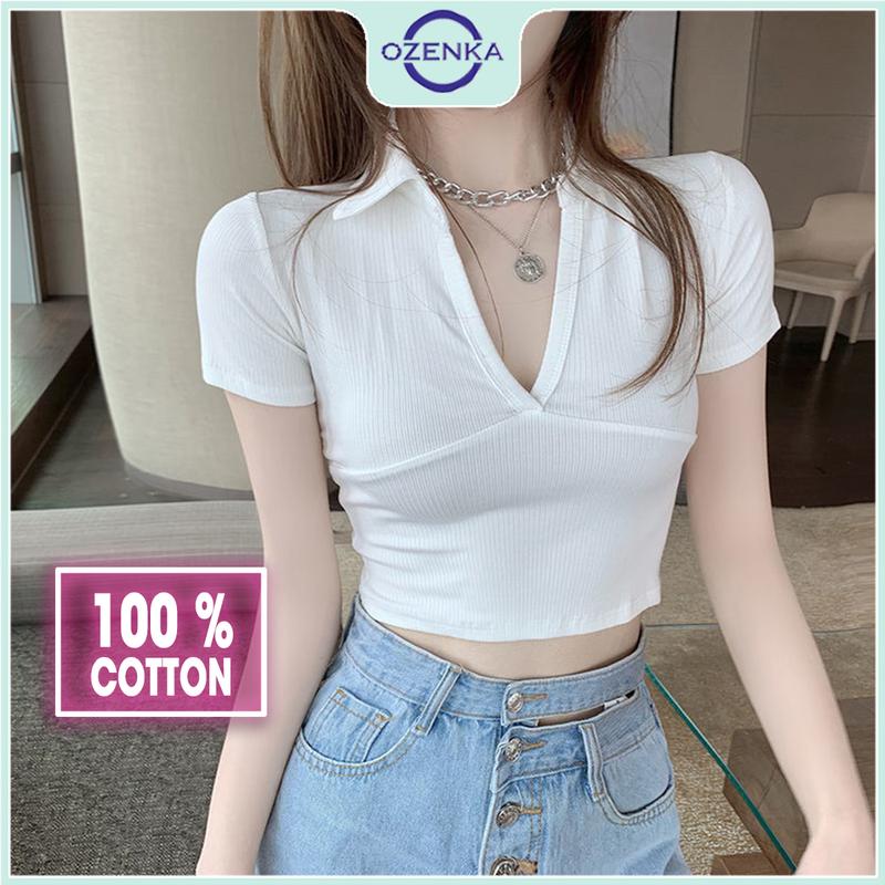 Áo croptop ôm cổ V polo nữ OZENKA , áo crt ngắn tay gợi cảm chất đẹp màu đen trắng freesize dưới 50 cân Cotton Denim Women Thun Jean Shirt Kem