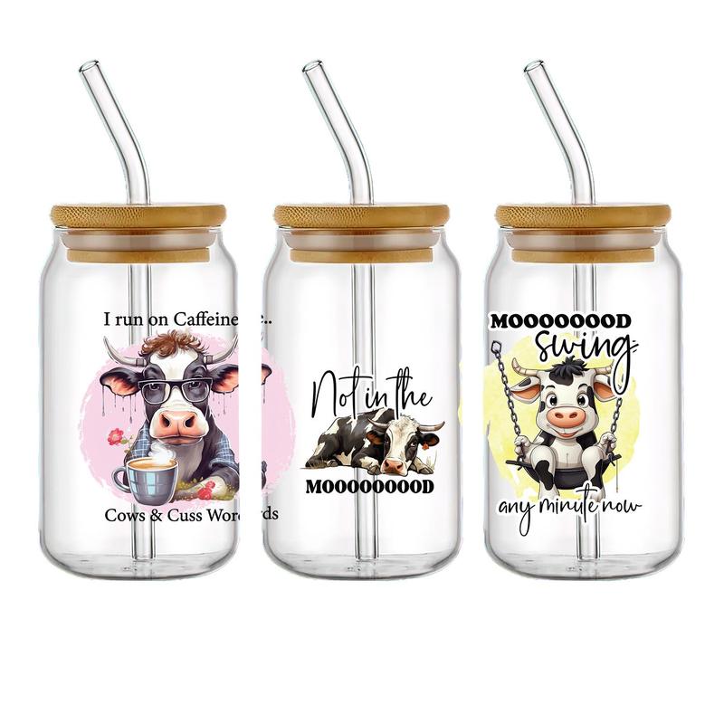 Cow Pattern UV DTF Cup Wraps Transfer Sticker, 4 Counts/set Waterproof Crystal Sticker for Cup Bottle, DIY Scratch Resistant Transfer Decals for Gift 4
